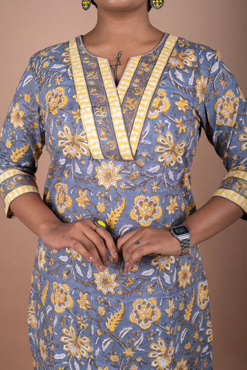 Grey & Yellow Floral Block Printed Kurta & Pant Set